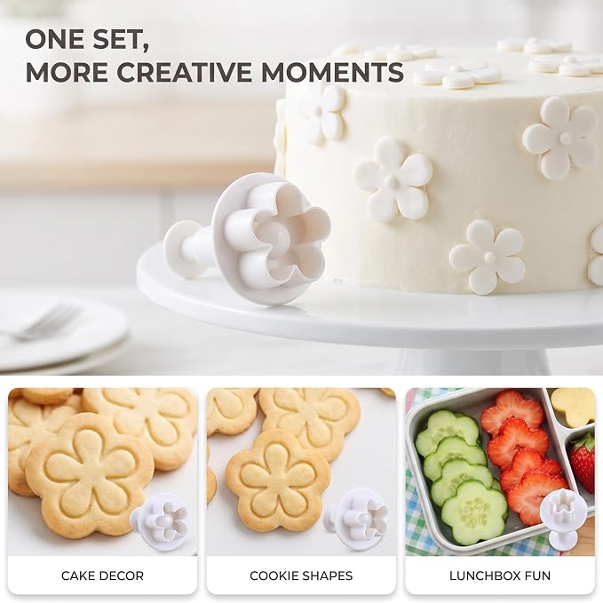 4Pcs White Flower Plunger Cookie Cutter DIY Blossom Flower Cake Fondant Mold Plastic Cake Decorating Tools Baking Accessories Cookie Cutters For Baking Plastic, Dessert and Candy Sculpting Tools