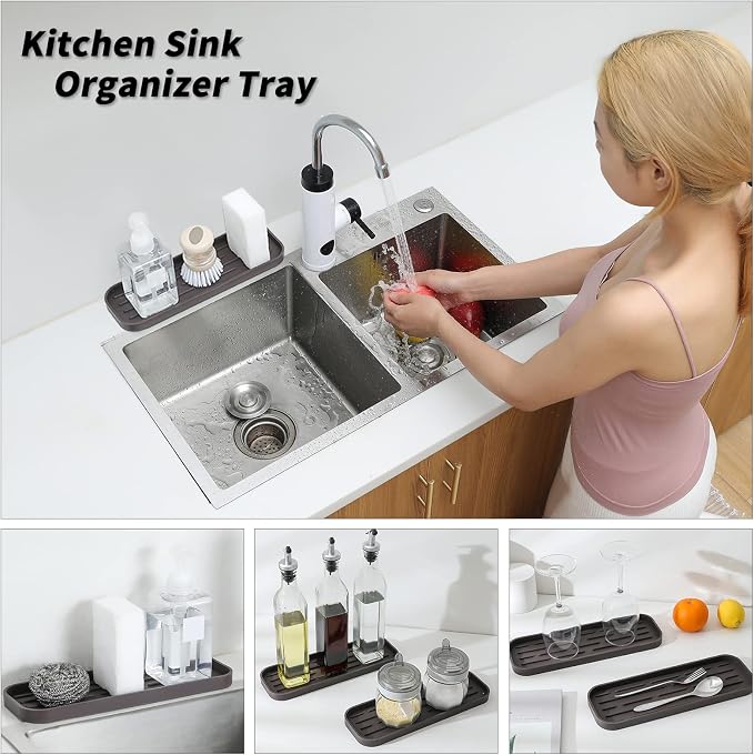 MicoYang Silicone Kitchen Sink Organizer Tray for Multiple Usage,Eco-Friendly Sponges Holder for Kitchen Bathroom Counter or Sink,Dish Soap Dispenser,Scrubber,Bottle,Cup (Coffee, 12"×4")