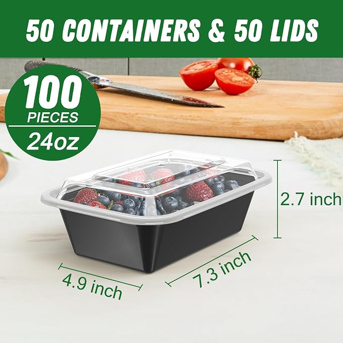 Dealusy 50 Pack (100-Piece) 24 oz Meal Prep Containers Reusable with Lids | Sturdy Leakproof & Food Safe, Microwave, Freezer, Dishwasher Safe Prep Containers, To Go Take Out Plastic Food Storage