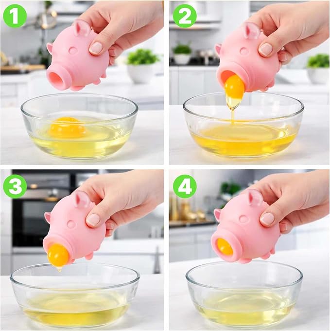 Egg Yolk Separator, Food Grade Silicone, Dishwasher Safe Kitchen Gadget for Cooking/Baking. Swallow and Release Raw Egg Yolk from White, Quick & Mess-free, Pack of 3 (Pig, Fish & Frog Design)