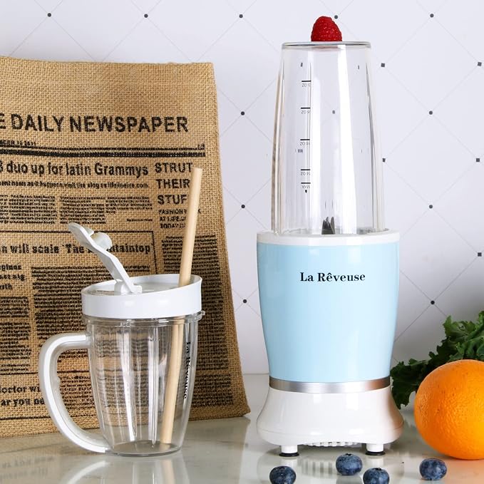 La Reveuse Personal Smoothie Blender, 7 Pieces Set, 250W, Sky Blue | for Shakes Smoothies Dips Sauces, BPA-free, Push to Blend, (1) 15oz Cup, (1) 10oz Mug, Dishwasher Safe, Compact, LARB1825