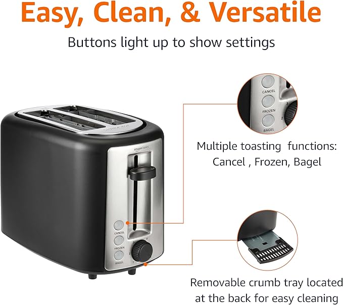 Amazon Basics 2 Slice Toaster, Extra Wide Slots for Bagels, 6 Browning Settings, Removable Crumb Tray, Defrost/Cancel/Bagel Buttons, Cord Wrap, 900W, Black & Silver