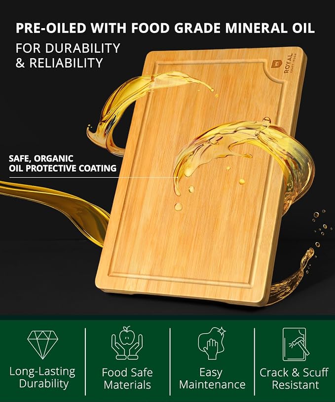 ROYAL CRAFT WOOD Wooden Cutting Boards for Kitchen Meal Prep & Serving - Bamboo Wood Serving Board Set with Deep Juice Groove Side Handles - Charcuterie & Chopping Butcher Block for Meat