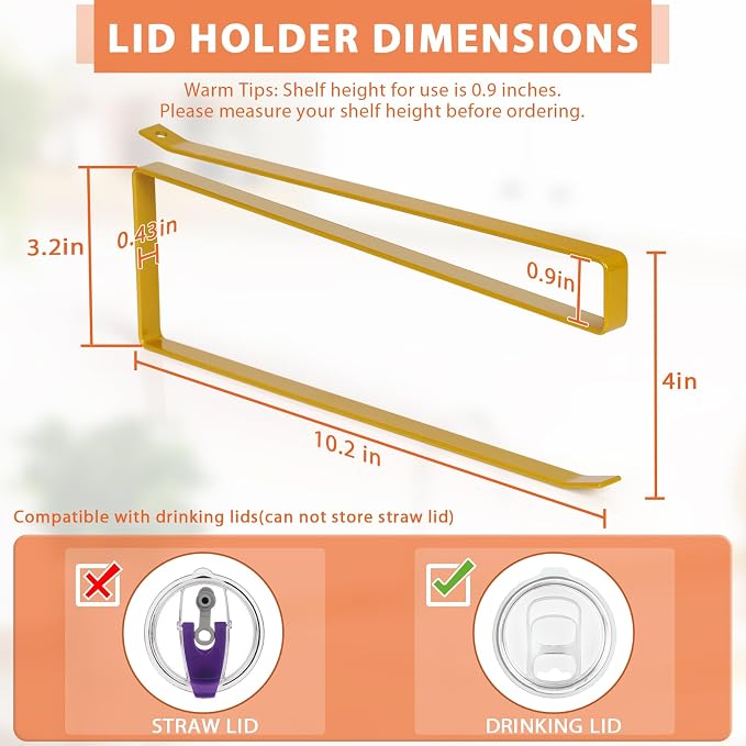 2 Pack Tumbler Lid Organizer, Versatile Tumbler Storage Holds 20 Lids Gold | Space Saving Cup Lid Organizers Inside Cabinet Tumbler Lid Hook for Kitchen Organizer and Storage, Paper Towel Rack Hanger