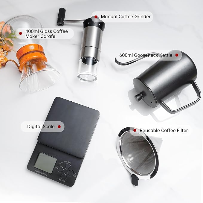 Coffee Pour Over Set, Dripper Pour Over Coffee Maker Kit with Kettle | Complete Coffee Maker Set with Pour Over Scale and Manual Coffee Grinder, Coffee Dripper and Filter Set, Coffee Gift Set