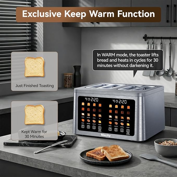 Mecity 4 Slice Toaster Wide Slot, Auto Lift Keep Warm Smart Toaster with Touch Screen, Dual Control Panel, Defrost, Auto Shut Off Digital Toasters for Bagel Muffin Waffle Gluten Free Breads1700W 120V
