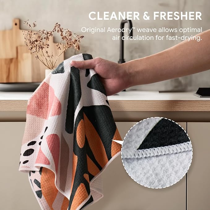 RECYCO Waffle Kitchen Towel Set of 2 - Quick Dry Microfiber Sustainable Dish Towels - Ultra Absorbent Reusable Cleaning Tea Towels - Lightweight Hand Towels,16”x 28”, Boho Oasis