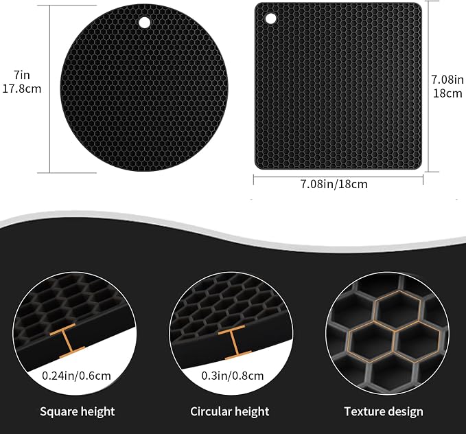 4 Pack Silicone Trivets for Hot Pots and Pans, Black Hot Pads Pot Holders, Non-Slip & Heat Resistant Silicone Mats for Kitchen Counter, Soft Durable Drying Mat, Jar Opener and Coasters, Black