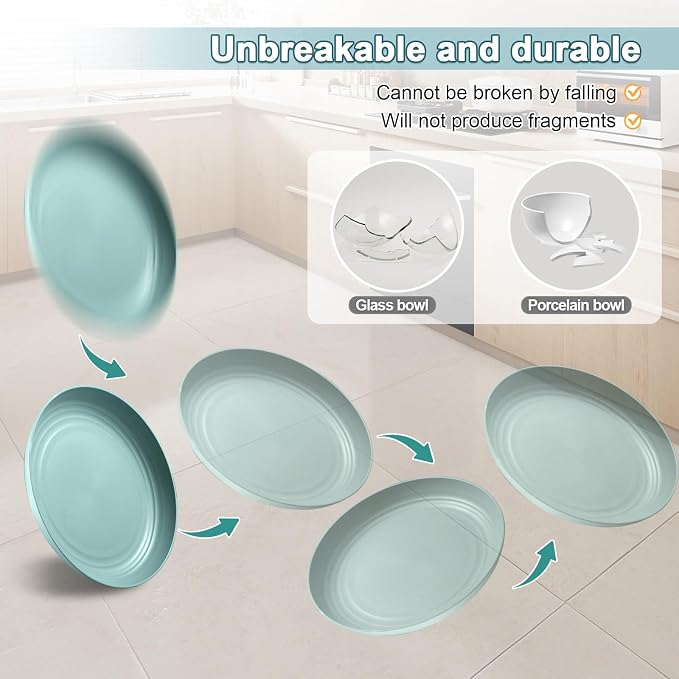 HEYCOME 12 Pcs Unbreakable Deep Dinner Plates Set, 9 inch Reusable Plastic Wheat Straw Plates, Microwave and Dishwasher Safe Plate for Kitchen, Lightweight Plate for Dessert, BPA Free, 6 Colors