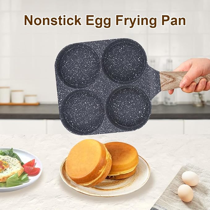 Fried Egg Pan, 4 Cups Egg Frying Pan Nonstick - Black | Egg Poacher Pan Mini Pancake Pan Burger Maker for Breakfast, Aluminum Alloy