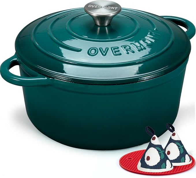 Overmont Enameled Cast Iron Dutch Oven - 5.5QT Pot with Lid Cookbook & Cotton Potholders - Heavy-Duty Cookware for Braising, Stews, Roasting, Sourdough Baking bottle green