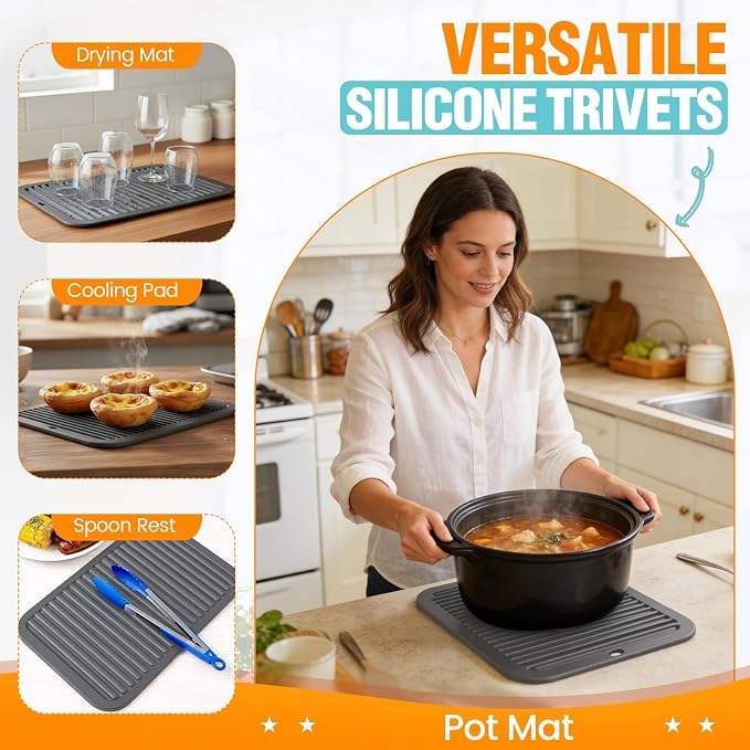 Silicone Trivets for Hot Pots and Pans - 4 Heat Resistant Pot Holders Silicone Trivet Mat Multipurpose Counter Pads (Deep Gray)