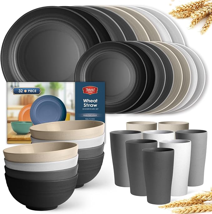 Teivio 32-Piece Plates and Bowls Sets for 8, Stone Kitchen Dinnerware Sets | 13.5oz Cups, Plastic Wheat Straw Unbreakable Dish Set, Dishwasher, for Outdoor Camping RV Apartment Essentials, Plate Set