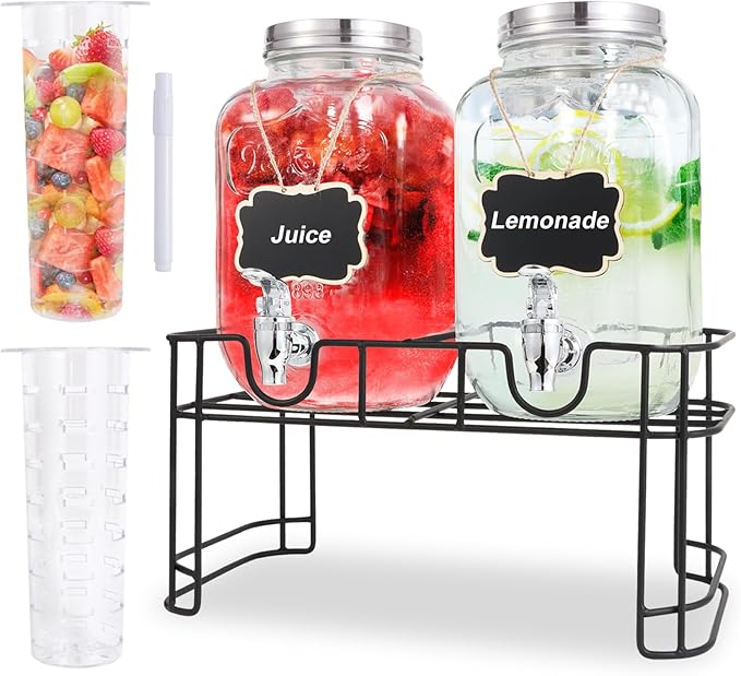 1 Gallon Glass Drink Dispensers For Parties-Set of 2,Leak-Proof Spigot | 4L Drink Dispenser with Fruit Infuser & Stand,Juice or Beverage Dispenser for BBQ,Picnic,Weddings,Lemonade Stand Supplies