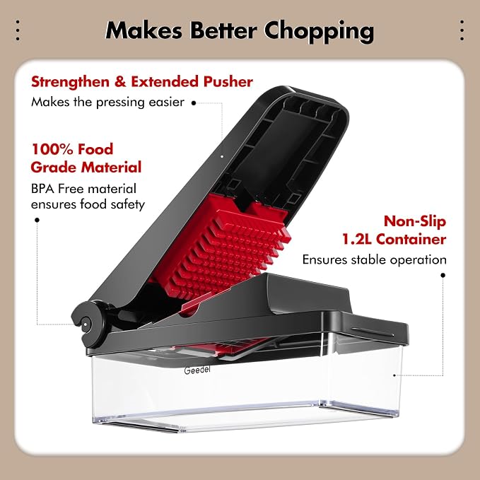 Geedel Vegetable Chopper, Onion Chopper Pro Food Chopper, Kitchen Vegetable Slicer Dicer Cutter Grater, Veggie Chopper with container for Salad Onion Potato Carrot (4 in 1, Red) | Onion Chopper, 420 Stainless Steel, Safety Lock, Dishwasher Safe, No BPA...