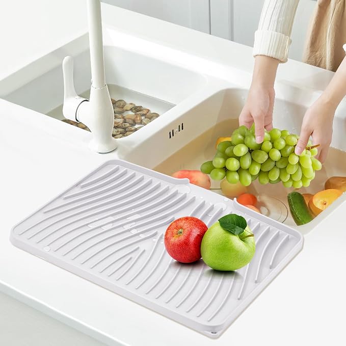 TIKNIK Silicone Dish Drying Mat for Kitchen Counter, White-1pcs, 20" x 15" | Heat Resistant & Non-Slip Dish Drain Pad with Built-In Drain, Dishwasher Safe, Quick-Dry, Hangable & Roll-Up for Storage