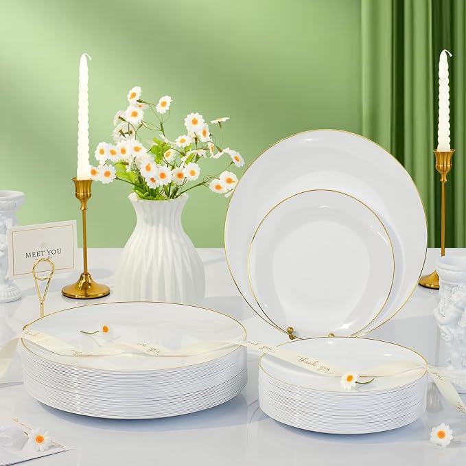 Bestluck 350PCS White Plastic Dinnerware Set, White Gold Plastic Plates for 50 Guests, Include 100 White Plates with 150 Plastic Cutlery, 50 Napkins and 50 Cups