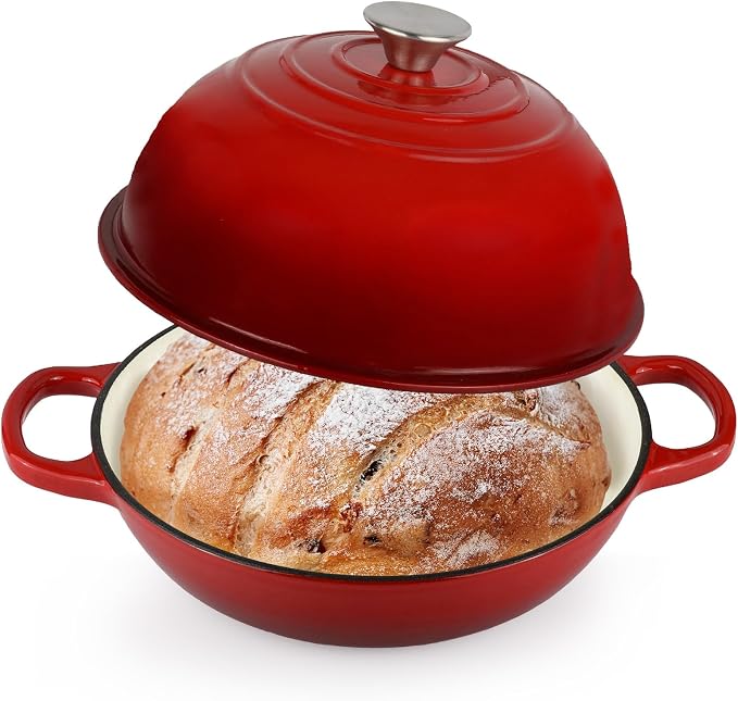 Enameled Cast Iron Bread Oven Dutch Oven Pot with Lid Bread Dutch Oven Red | for Sourdough Bread Baking, 6 Quarts 10" Bread Pan with Dome Lid, Non-stick Cookware for Homemade Bread