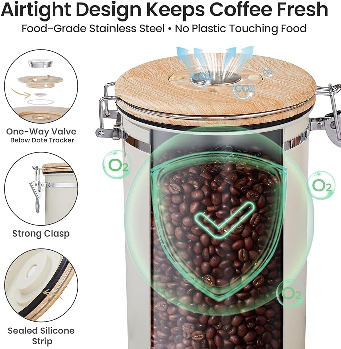Veken Coffee Canister,39OZ, 2.2lbs,Large Airtight Stainless Steel Container | Gifts, Kitchen Food Storage Jars for Beans, Ground, Espresso, Rice, Tea, Sugar, Cereal, Cookie, Lids,Scoop,Cream