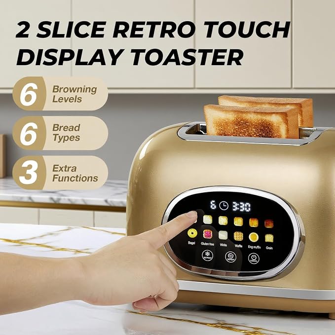 Roter Mond Smart 2 Slice Toaster, Touchscreen, Bagel Defrost, Gold | Retro stainless steel, digital timer & sleep mode, 6 bread types & shades, defrost/reheat/cancel,even toasting wide slots