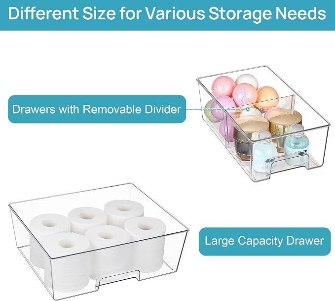 Vtopmart Clear Stackable Storage Drawers, 6 Pack Wide Organizer Set | Wide and Small Pull-Out PET Drawers for Flexible Sorting, Stackable Storage Solution for Cabinets, Closets, Pantry