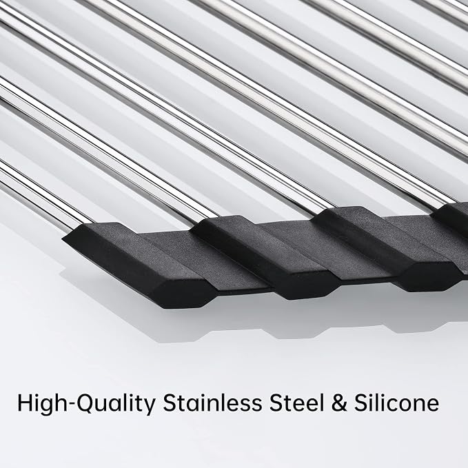 Tomorotec Triangle Roll Up Dish Drying Rack 304 Stainless Steel Black | BPA-Free Food-Grade Silicone Edges Foldable Waterproof Rustproof Heavy-Duty Space Saver Heat Resistant to 550°F