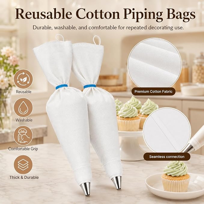 Reusable Piping Bags And Tips Set, 2 16-Inch Cotton Bags, 7 Tips | Stainless Steel Nozzles, 3 Silicone Ties, 2 Piping Tip Couplers, 3 Blue Scrapers, White Cleaning Brush, Piping Tip Guide