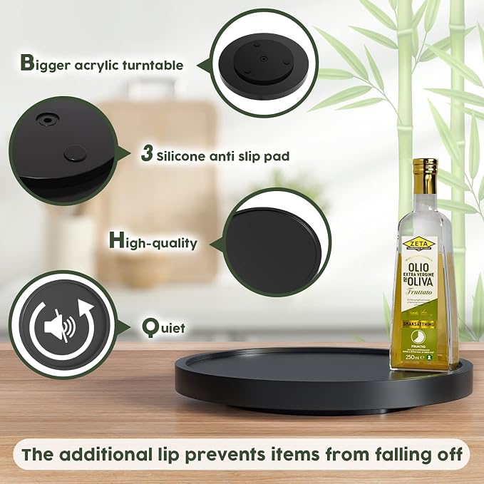 VeyFey Turntable Vanity Tray, 10 Inch Bamboo Countertop Organizer | Perfume Candle Tray for Kitchen Sink, Keep Glass Sponge and Soap, Bathroom Coffee Table Decorative Organizer, Black