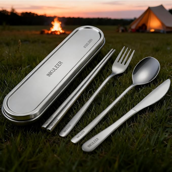 INKULEER Travel Cutlery Set - 18/8 Stainless Steel Reusable Utensils with Metal Case, Portable Silverware for Camping, Office, Travel & Outdoor Dining