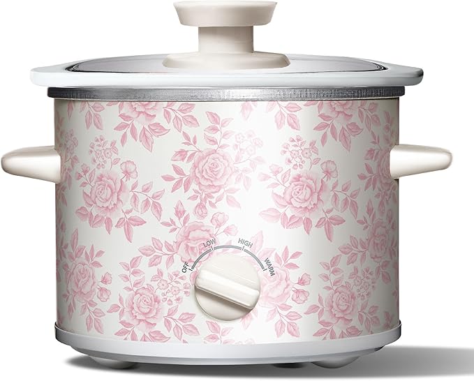COOK WITH COLOR 2QT Mini Electric Round Slow Cooker - Adjustable Settings, Removable Stoneware Pot, Tempered Glass Lid, Dishwasher Safe, Cool-Touch Side Handles, Floral Pink