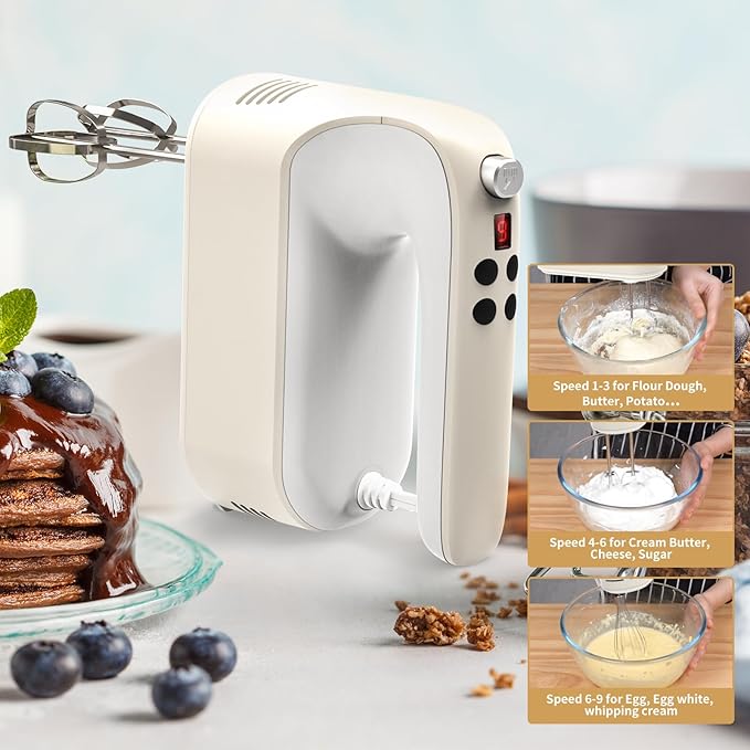 Yomelo 9-Speed Digital Hand Mixer Electric, 400W Powerful DC Motor, Hand Mixer Electric Handheld with Snap-On Storage Case, 5 Stainless Steel Accessories, Beaters, Dough Hooks, Whisk(Cream White)