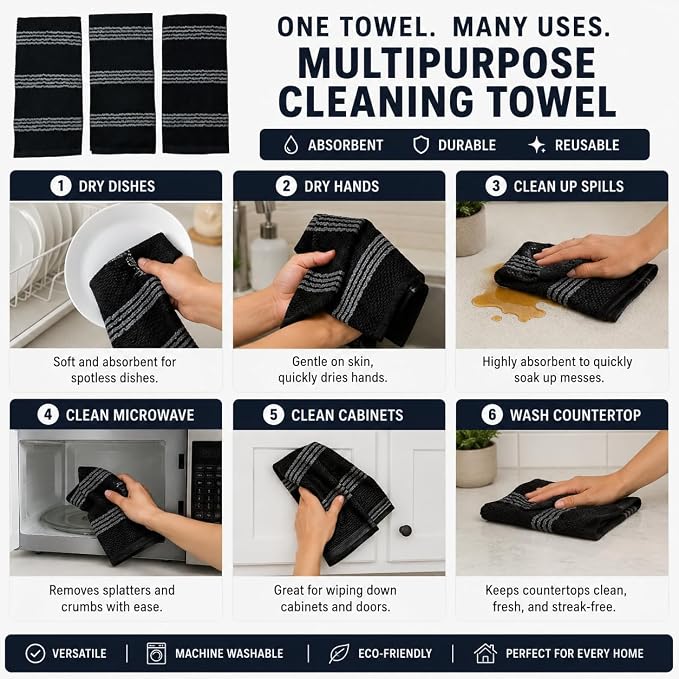 Black Kitchen Hand Dish Towels: Oversized 18" x 28",100% Cotton Soft Absorbent Dish Cloths for Cleaning Drying, Set of 3 Multipurpose for Everyday Use