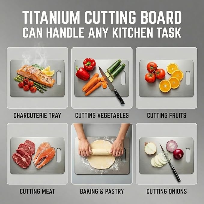 Titanium Cutting Board - 100% Pure Titanium Cutting Boards, Food-Grade, Non-Slip Surface, Dishwasher Safe, for Elegant Serving Tray for Kitchen, Charcuterie, Meat, Vegetables, Easy Clean, 9.5"x5.9"