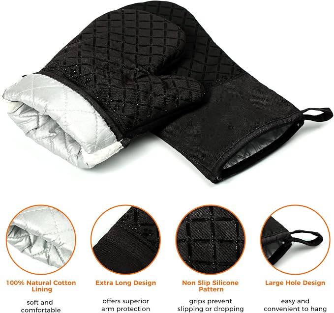 4PCS Oven Mitts and Pot Holders Sets 500°F Pot Holders for Kitchen Heat Resistant Oven Gloves Anti-Slip Silicone Stripe Oven Mitts Heat Resistant Hot Pads Oven Mits Potholders for Kitchens (Black)