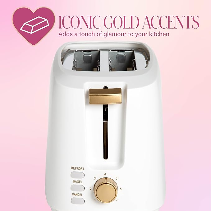 Paris Hilton 2-Slice Toaster, Extra-Wide Slots, 7 Browning Settings, Bagel & Defrost Functions, Removable Crumb Tray, White