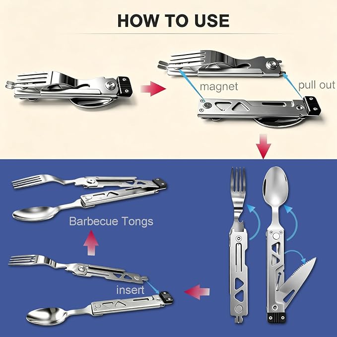 5-in-1 Camping Utensils Set with Pouch Folding Fork Spoon Knife | Detachable Travel Pocket Cutlery Combo, Portable Flatware for Picnic Outdoor, Grill Barbecue BBQ Tongs, 420J2 Stainless Steel