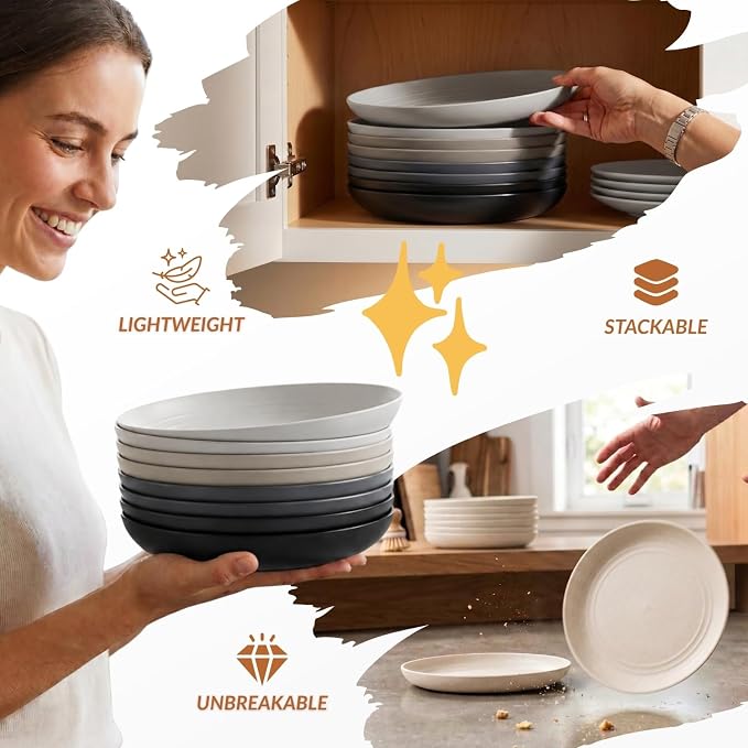 Deep Dinner Plates Set of 8 Alternative for Plastic Microwave and Dishwasher Safe Wheat Straw Kitchen Unbreakable Kids with 4 Colors (Stone Grey, 8 inch),(Deep plates-8)
