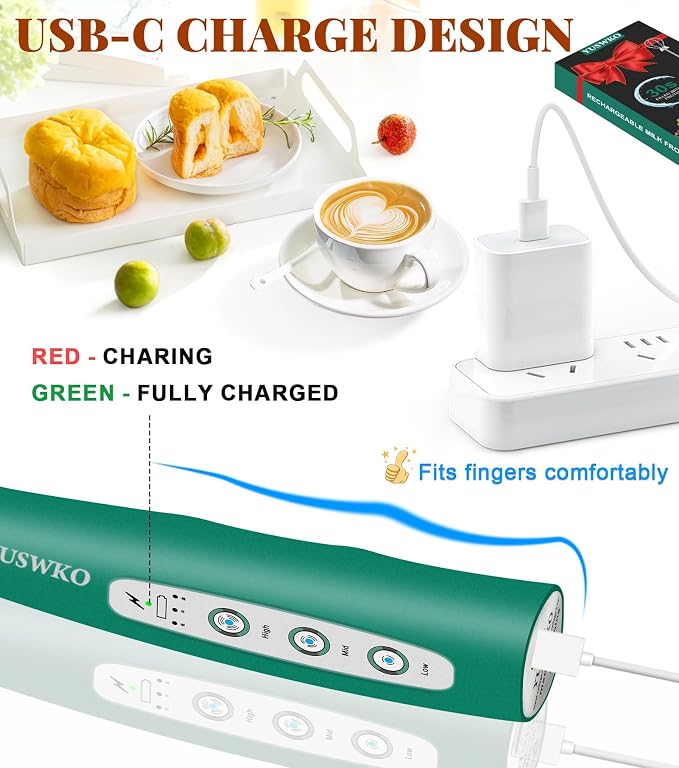 YUSWKO Handheld Milk Frother Wand for Coffee, Rechargeable Electric Whisk with 3 Heads 3 Speeds Drink Mixer Coffee Frother For Latte, Cappuccino, Hot Chocolate, Egg, Green