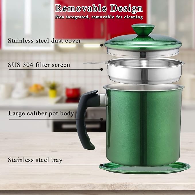 Kyraton Bacon Grease Container With Strainer, 48 oz Metal Shining Green Coating Oil Container, Pot Fat Storage With Lid, Easy Grip Handle Suitable For Storing Frying Oil And Cooking Grease