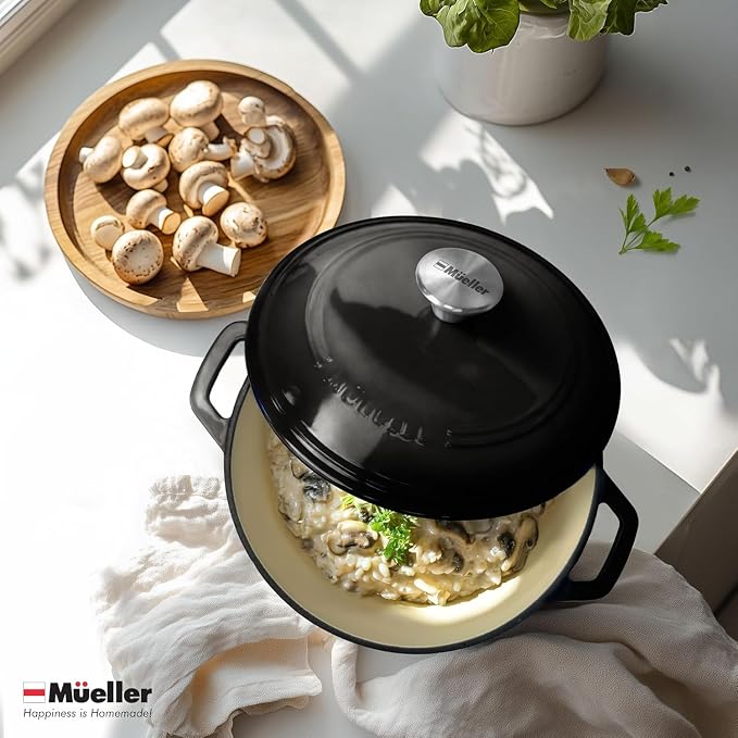MUELLER HOME 7.5 QT Enameled Cast Iron Dutch Oven, Heavy-Duty, Oven-Safe up to 500° F & Across All Cooktops, Casserole Dish and Braiser Pan with Lid and Stainless Knob, Black | Heavy-Duty