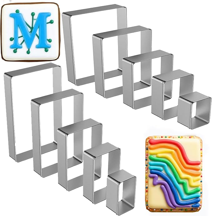 10PCS Rectangle Cookie Cutter & Square Cookie Mold, Stainless Steel Kitchen Baking Supplies, Sandwich Cutters, 5 Sizes for Fondant Cake, Cookies, Biscuits & DIY Party Decor (10PCS)