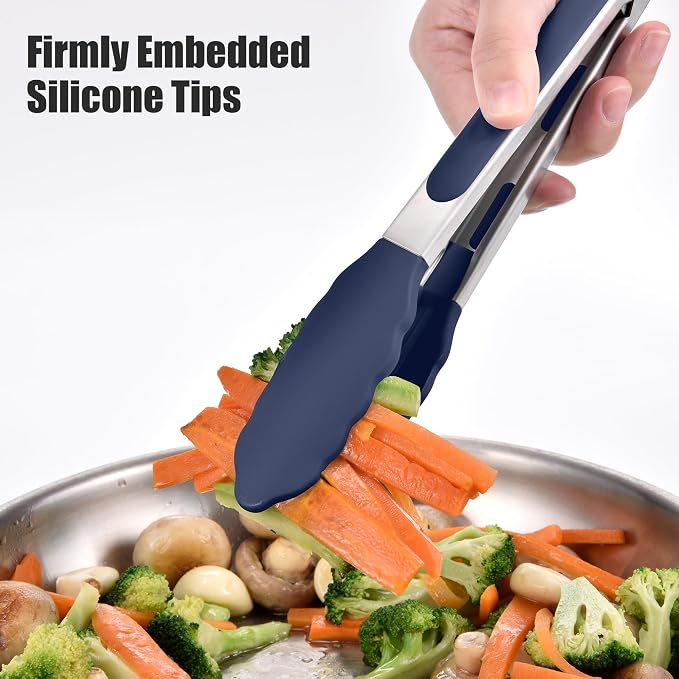 Doosu Kitchen Tongs with Silicone Tips for Cooking Serving (3Pcs, Navy) | 600°F Heat Resistant Food Tong, Heavy Duty Stainless Steel Locking Tong for BBQ, Grilling Steak, Salad, Toast, Pasta