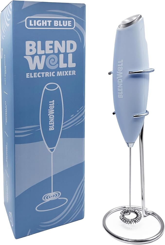 BlendWell Electric Milk Frother for Matcha and Coffee, Handheld Battery Operated Drink Mixer with Stand, Stainless Steel Whisk, Light Blue