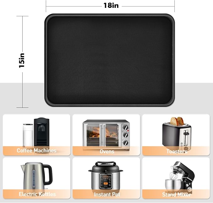 Non-slip Air Fryer Mats for Countertop, 2mm Thick, 18x15 in, Black | 1022°F Fireproof mat, heat resistant mats for countertop, non-slip silicone bottom, air fryer accessories for ninja, cosori