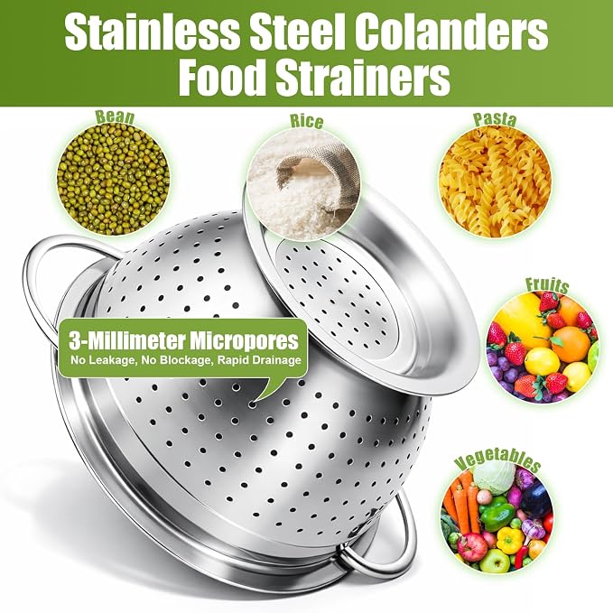 Palksky Stainless Steel Colander Set of 3, Nesting Metal Strainers with Handles and Raised Base, 7/8.7/11 Inch Kitchen Colanders for Pasta, Vegetables, Fruit, Rice, Salad and Meal Prep