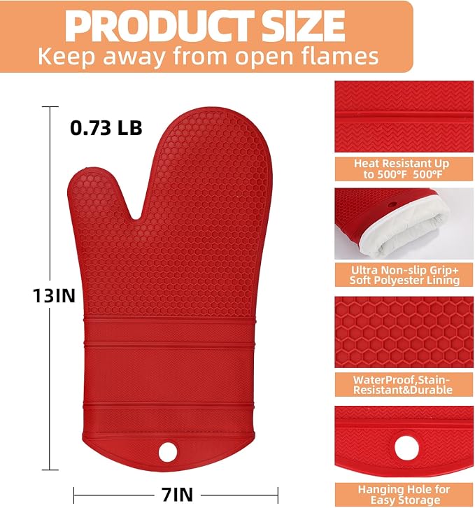 YUTAT Silicone Oven Mitts,Heat Resistant 2PCS Oven Mitts with Soft Polyester Filling,Kitchen Potholder Set - Perfect for BBQ, Baking and Cooking,RED,2 Pcs Set