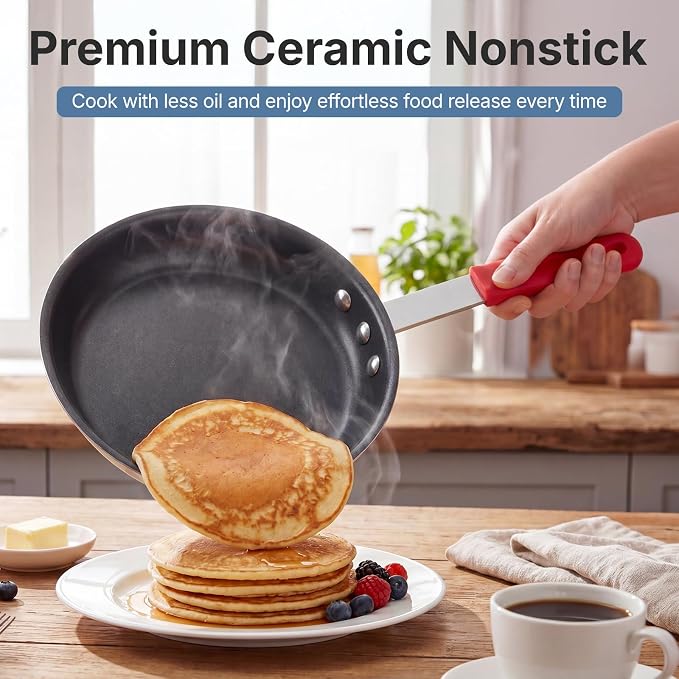 DUMOS 8 Inch Nonstick Frying Pan, Heavy-Gauge Aluminum Skillet with Ceramic Nonstick Coating, Stainless Steel Base & Handle, Omelet Pan for Induction, Electric, Gas, PFAS Free, Oven Safe, Red Handle
