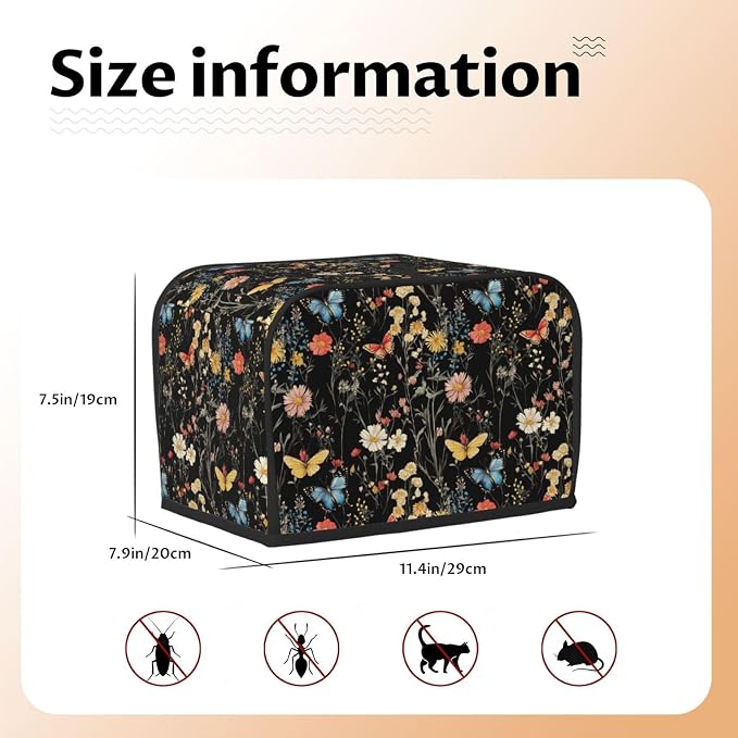 2 Slice Toaster Cover Wildflower Botanical Butterfly Flower Dust Proof Washable Kitchen Appliance Cover with Pocket, Oxford Fabric Countertop Toaster Protector for Standard Toasters Small Appliances