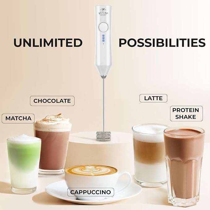 Zulay Kitchen Rechargeable Milk Frother Handheld - Frother Wand, Drink Mixer, Electric Whisk Frother, for Cappuccinos, Matcha & Protein Powder - Dynamic Triple Whisk, 3 Speed 500mAh White
