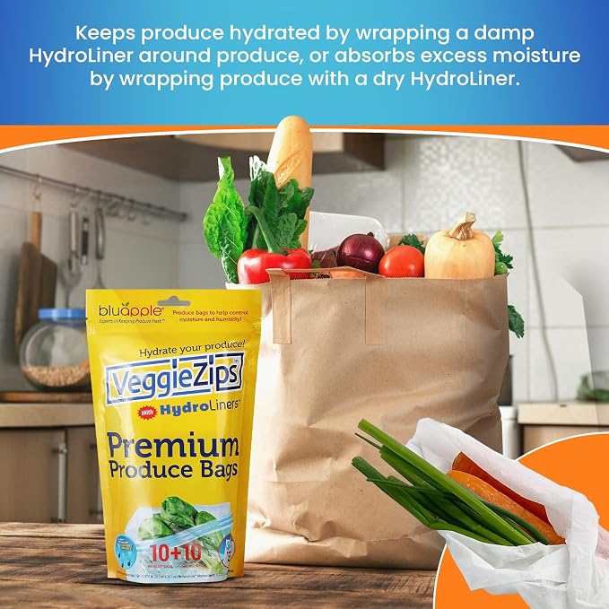 Bluapple VeggieZips Premium Produce Storage System - 20 Piece Set, 10 Food Saver Bags + 10 HydroLiners, Keep Produce Fresh Longer, Washable & Reusable Bags with Humidity Control for Fruit & Vegetables